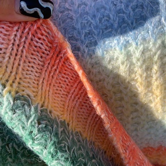 Love Riche Coral Pink Blue Rainbow Stripe Cow Neck Oversized Sweater NWT - Picture 10 of 11